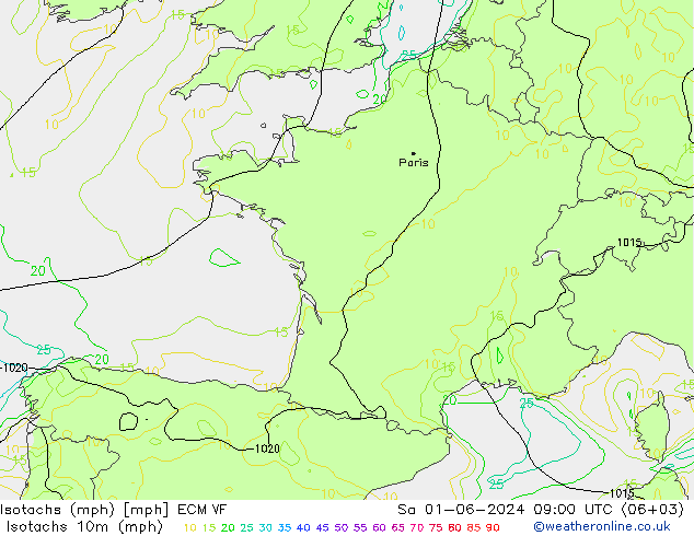 Isotachen (mph) ECMWF za 01.06.2024 09 UTC