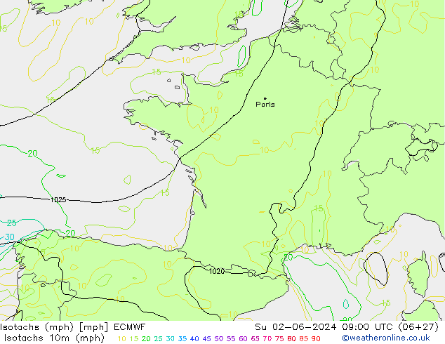 Eşrüzgar Hızları mph ECMWF Paz 02.06.2024 09 UTC