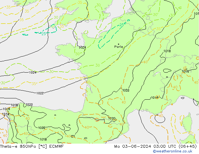 Theta-e 850hPa ECMWF lun 03.06.2024 03 UTC