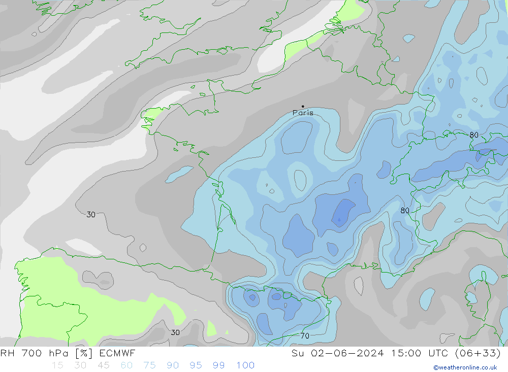 RH 700 hPa ECMWF Su 02.06.2024 15 UTC