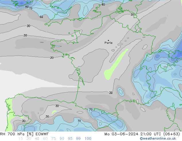 RH 700 hPa ECMWF Po 03.06.2024 21 UTC