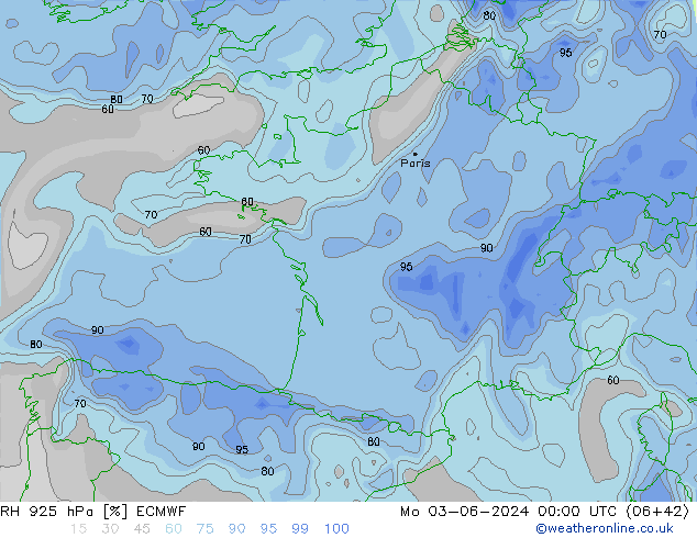 RH 925 hPa ECMWF lun 03.06.2024 00 UTC