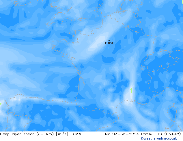 Deep layer shear (0-1km) ECMWF Mo 03.06.2024 06 UTC