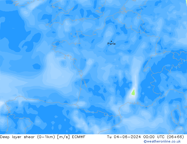 Deep layer shear (0-1km) ECMWF вт 04.06.2024 00 UTC