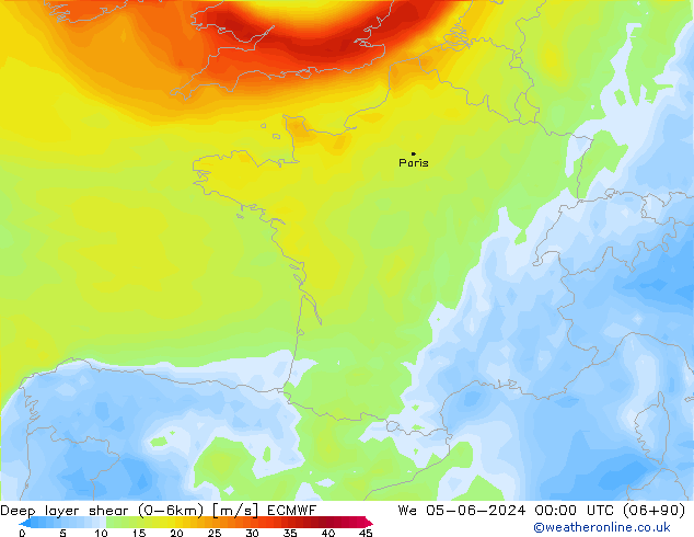 Deep layer shear (0-6km) ECMWF St 05.06.2024 00 UTC