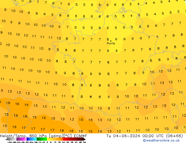 Géop./Temp. 850 hPa ECMWF mar 04.06.2024 00 UTC