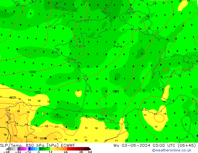 SLP/Temp. 850 hPa ECMWF lun 03.06.2024 03 UTC