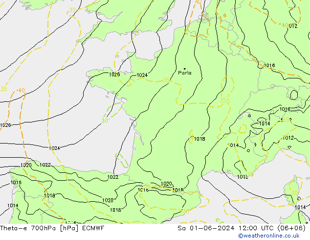 Theta-e 700hPa ECMWF Sa 01.06.2024 12 UTC