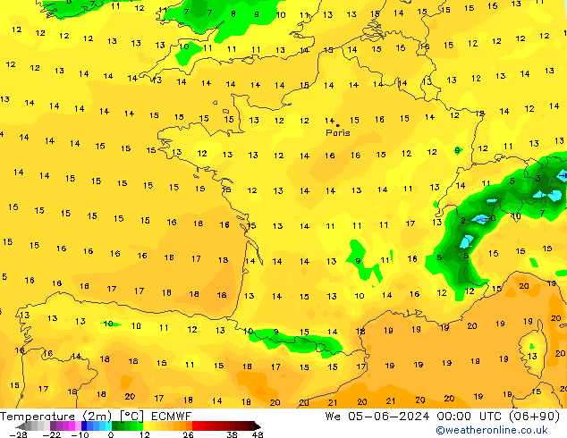 Temperatuurkaart (2m) ECMWF wo 05.06.2024 00 UTC