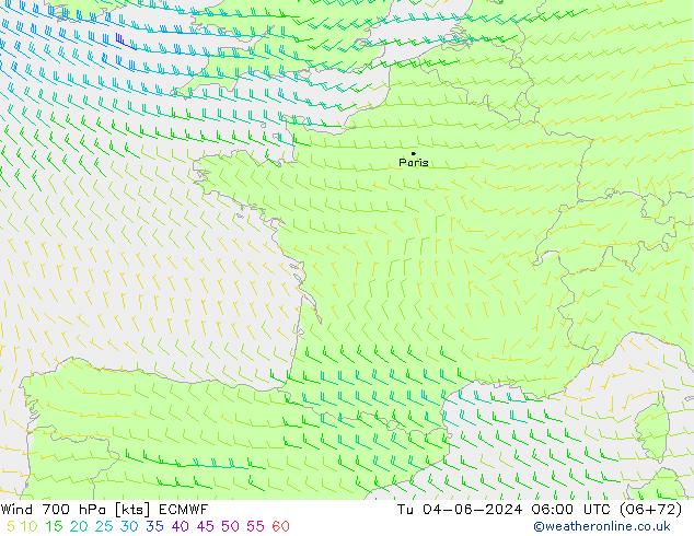 Wind 700 hPa ECMWF di 04.06.2024 06 UTC