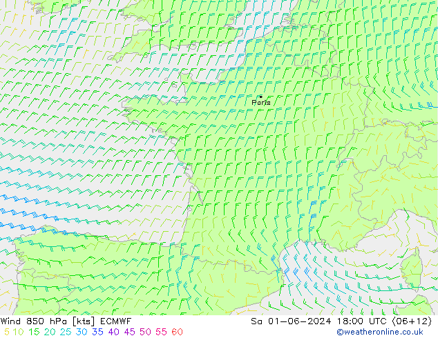 Vento 850 hPa ECMWF sab 01.06.2024 18 UTC