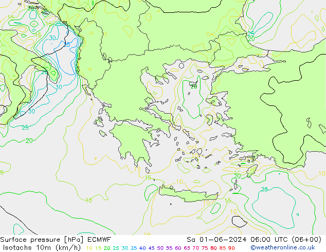 Isotachs (kph) ECMWF Sáb 01.06.2024 06 UTC