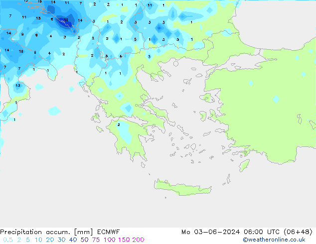 Precipitation accum. ECMWF pon. 03.06.2024 06 UTC