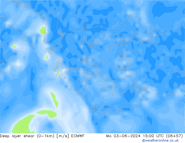 Deep layer shear (0-1km) ECMWF Mo 03.06.2024 15 UTC