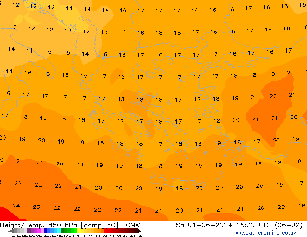 Hoogte/Temp. 850 hPa ECMWF za 01.06.2024 15 UTC