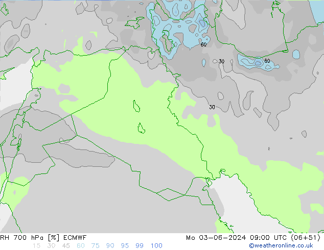 Humidité rel. 700 hPa ECMWF lun 03.06.2024 09 UTC