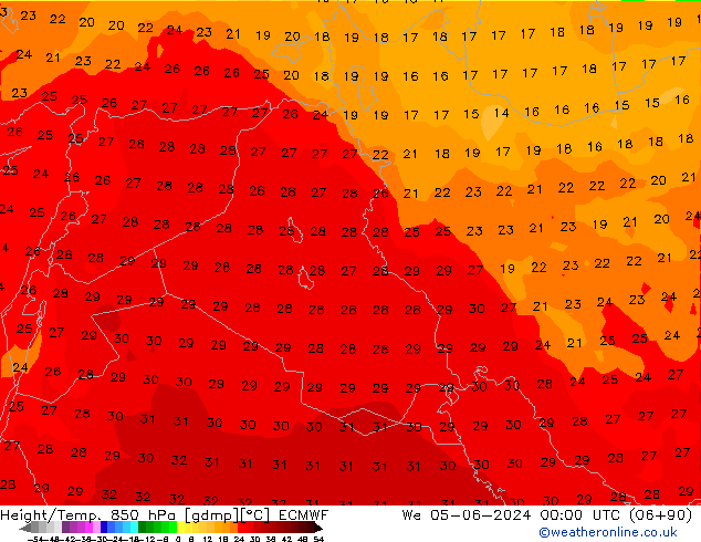 Height/Temp. 850 hPa ECMWF Mi 05.06.2024 00 UTC