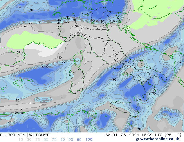 RH 300 hPa ECMWF sab 01.06.2024 18 UTC