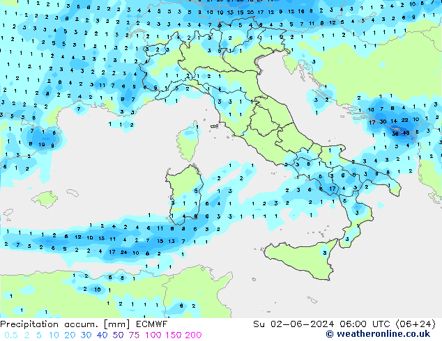 Precipitation accum. ECMWF dom 02.06.2024 06 UTC