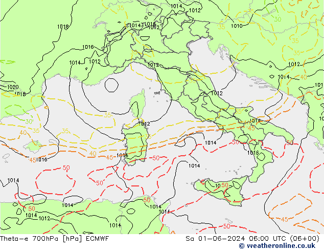 Theta-e 700hPa ECMWF Sa 01.06.2024 06 UTC