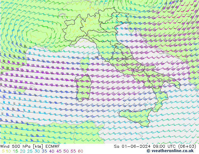 Wind 500 hPa ECMWF Sa 01.06.2024 09 UTC