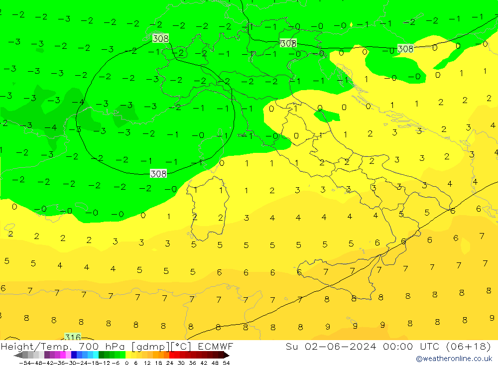 Yükseklik/Sıc. 700 hPa ECMWF Paz 02.06.2024 00 UTC