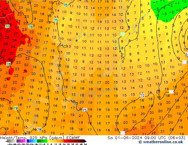 Height/Temp. 925 гПа ECMWF сб 01.06.2024 09 UTC