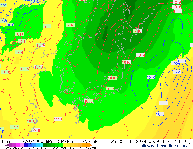 Thck 700-1000 hPa ECMWF mer 05.06.2024 00 UTC