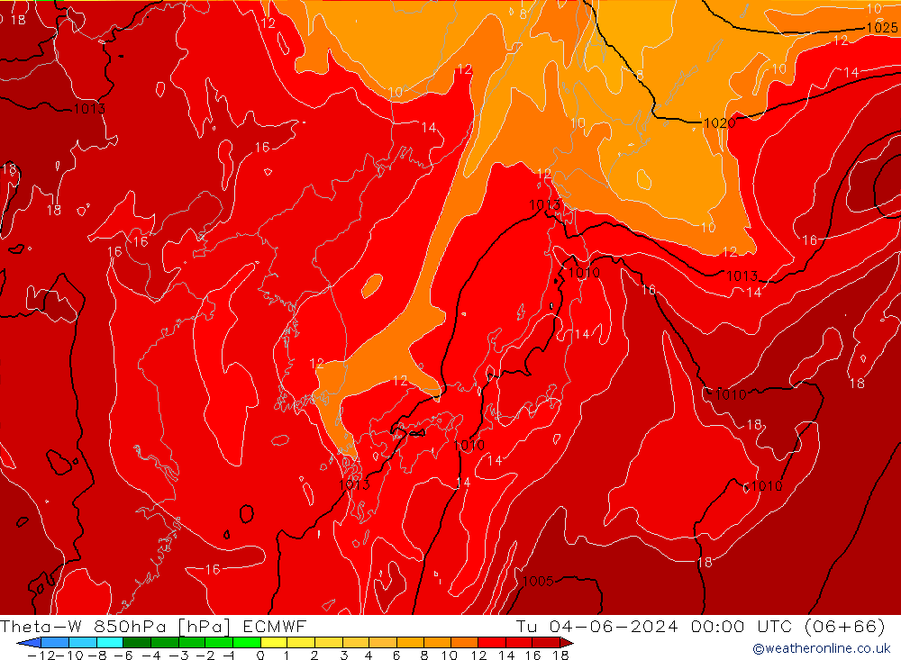 Theta-W 850hPa ECMWF Tu 04.06.2024 00 UTC