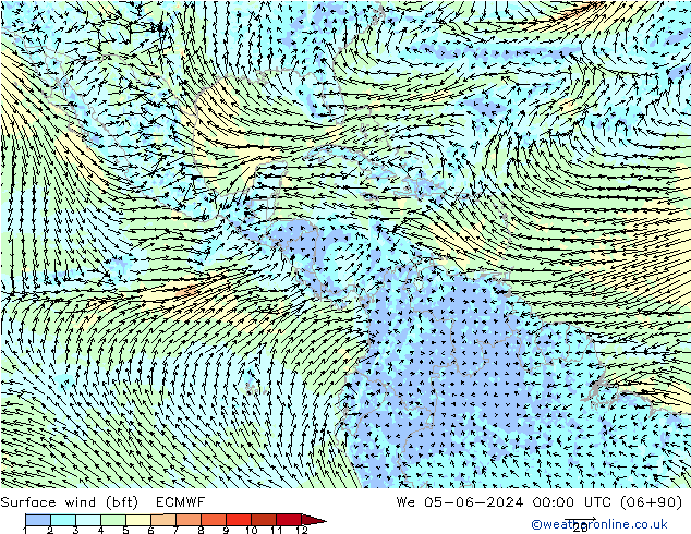 Wind 10 m (bft) ECMWF wo 05.06.2024 00 UTC