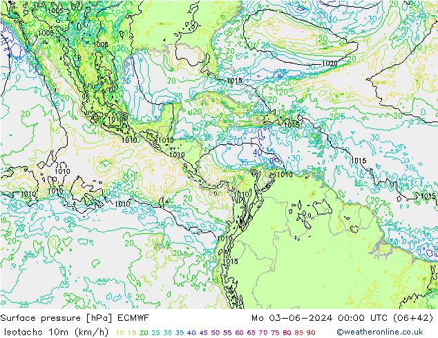 Isotachs (kph) ECMWF Mo 03.06.2024 00 UTC