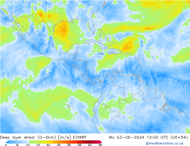 Deep layer shear (0-6km) ECMWF Pzt 03.06.2024 12 UTC