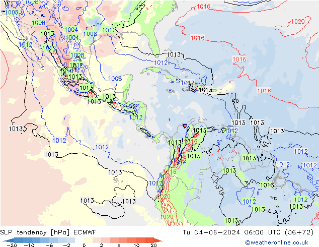 SLP tendency ECMWF Út 04.06.2024 06 UTC