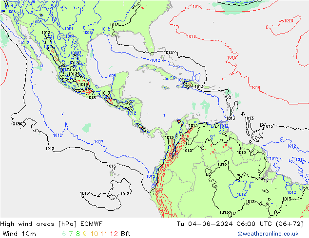 High wind areas ECMWF Út 04.06.2024 06 UTC
