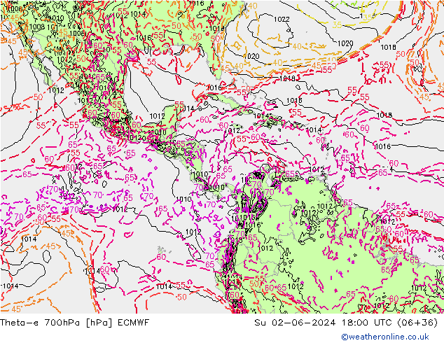 Theta-e 700hPa ECMWF Su 02.06.2024 18 UTC