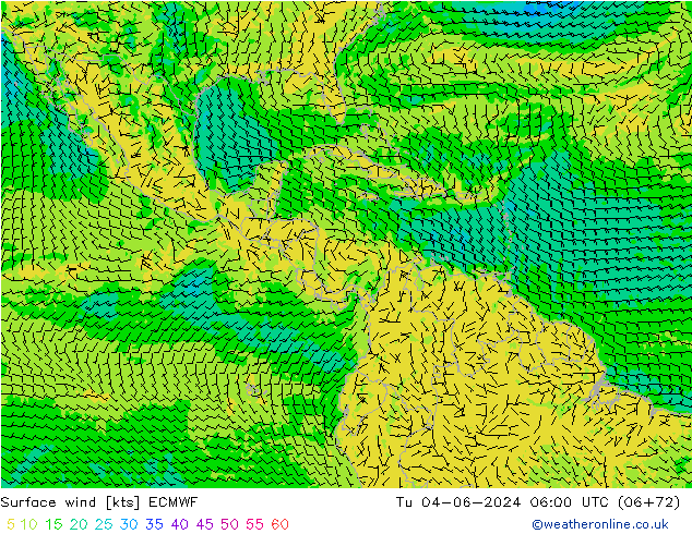 wiatr 10 m ECMWF wto. 04.06.2024 06 UTC