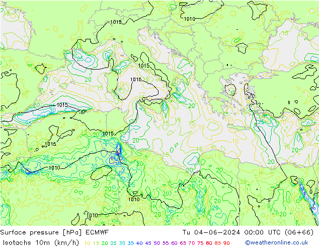 Isotachs (kph) ECMWF вт 04.06.2024 00 UTC