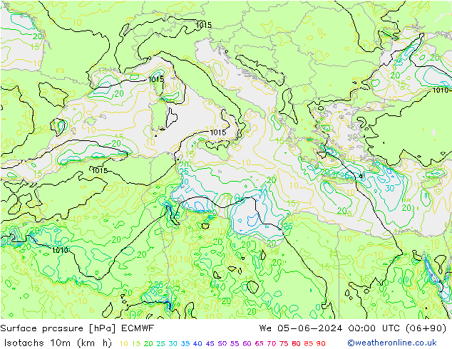 Eşrüzgar Hızları (km/sa) ECMWF Çar 05.06.2024 00 UTC