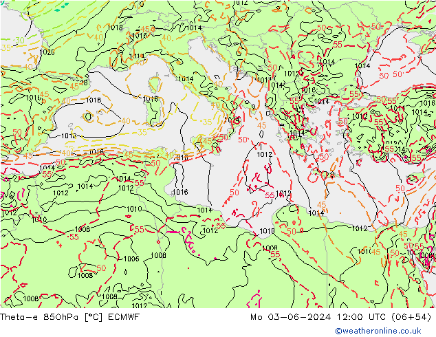 Theta-e 850hPa ECMWF ma 03.06.2024 12 UTC