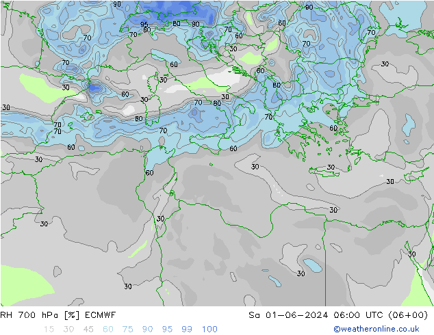 Humidité rel. 700 hPa ECMWF sam 01.06.2024 06 UTC