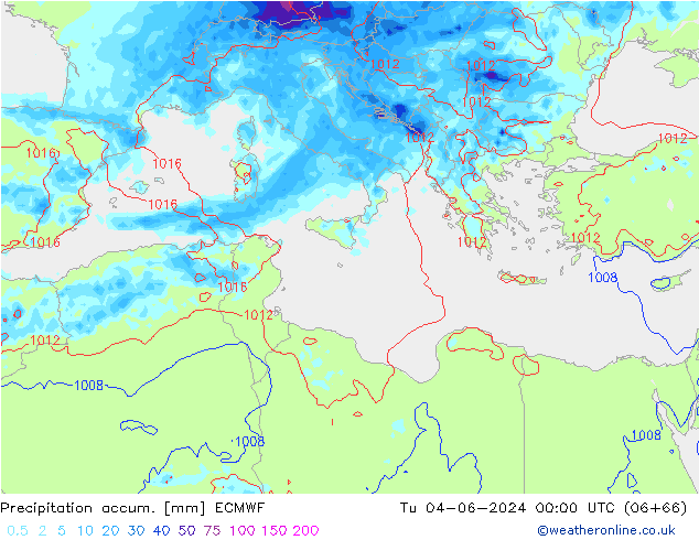 Precipitation accum. ECMWF Tu 04.06.2024 00 UTC