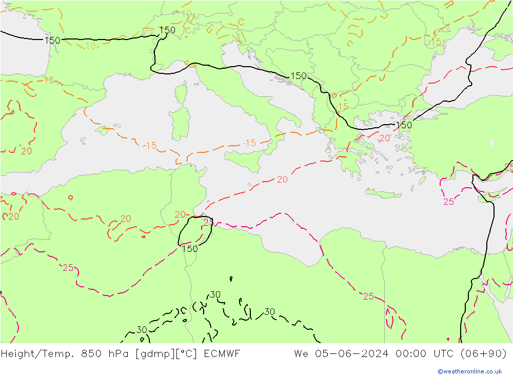 Height/Temp. 850 hPa ECMWF Qua 05.06.2024 00 UTC