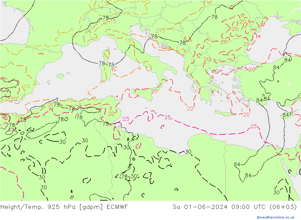 Hoogte/Temp. 925 hPa ECMWF za 01.06.2024 09 UTC