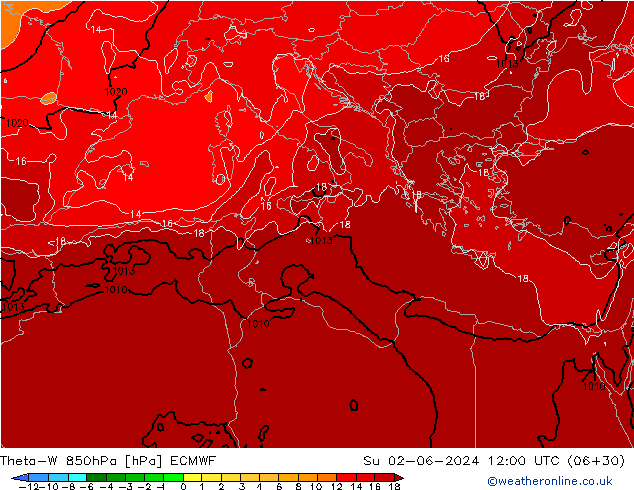 Theta-W 850hPa ECMWF dim 02.06.2024 12 UTC