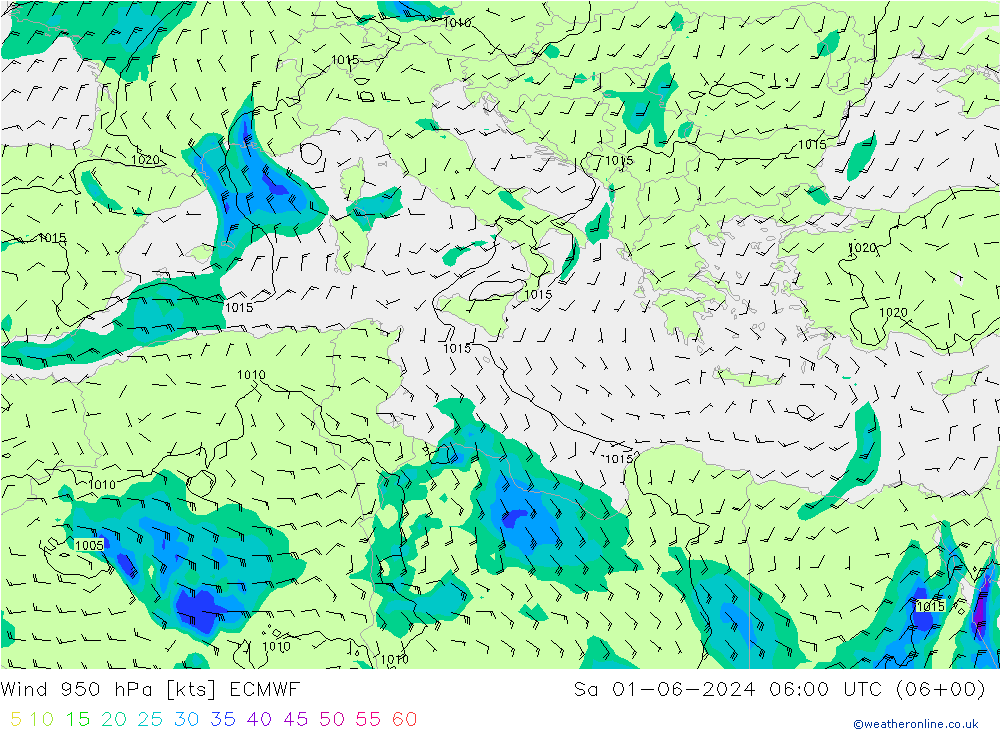 Wind 950 hPa ECMWF Sa 01.06.2024 06 UTC