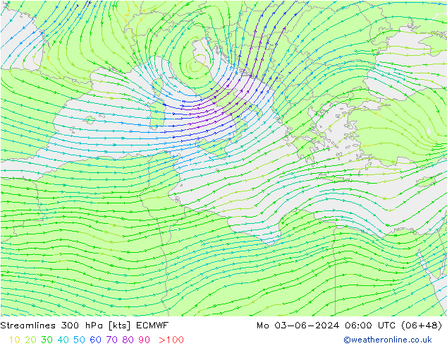 Streamlines 300 hPa ECMWF Po 03.06.2024 06 UTC