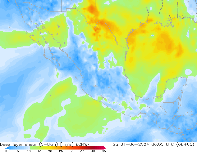 Deep layer shear (0-6km) ECMWF sáb 01.06.2024 06 UTC