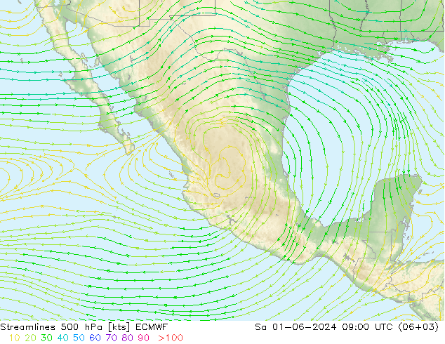 Linia prądu 500 hPa ECMWF so. 01.06.2024 09 UTC