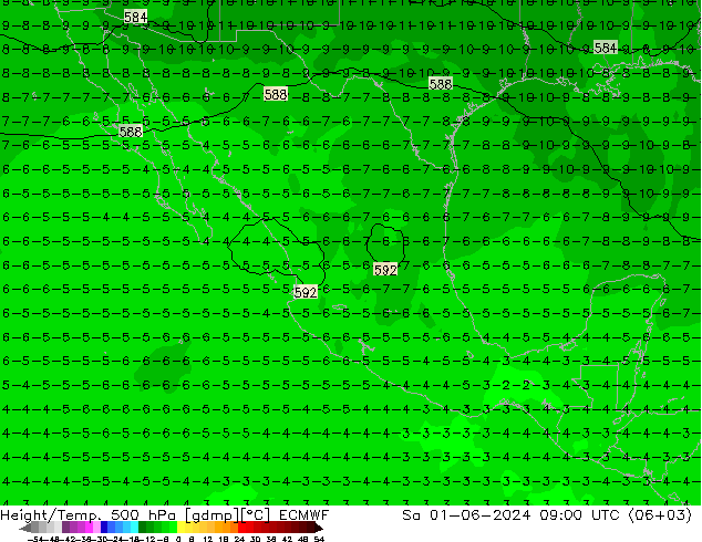 Height/Temp. 500 hPa ECMWF Sa 01.06.2024 09 UTC