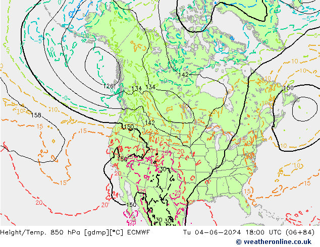 Height/Temp. 850 hPa ECMWF Tu 04.06.2024 18 UTC